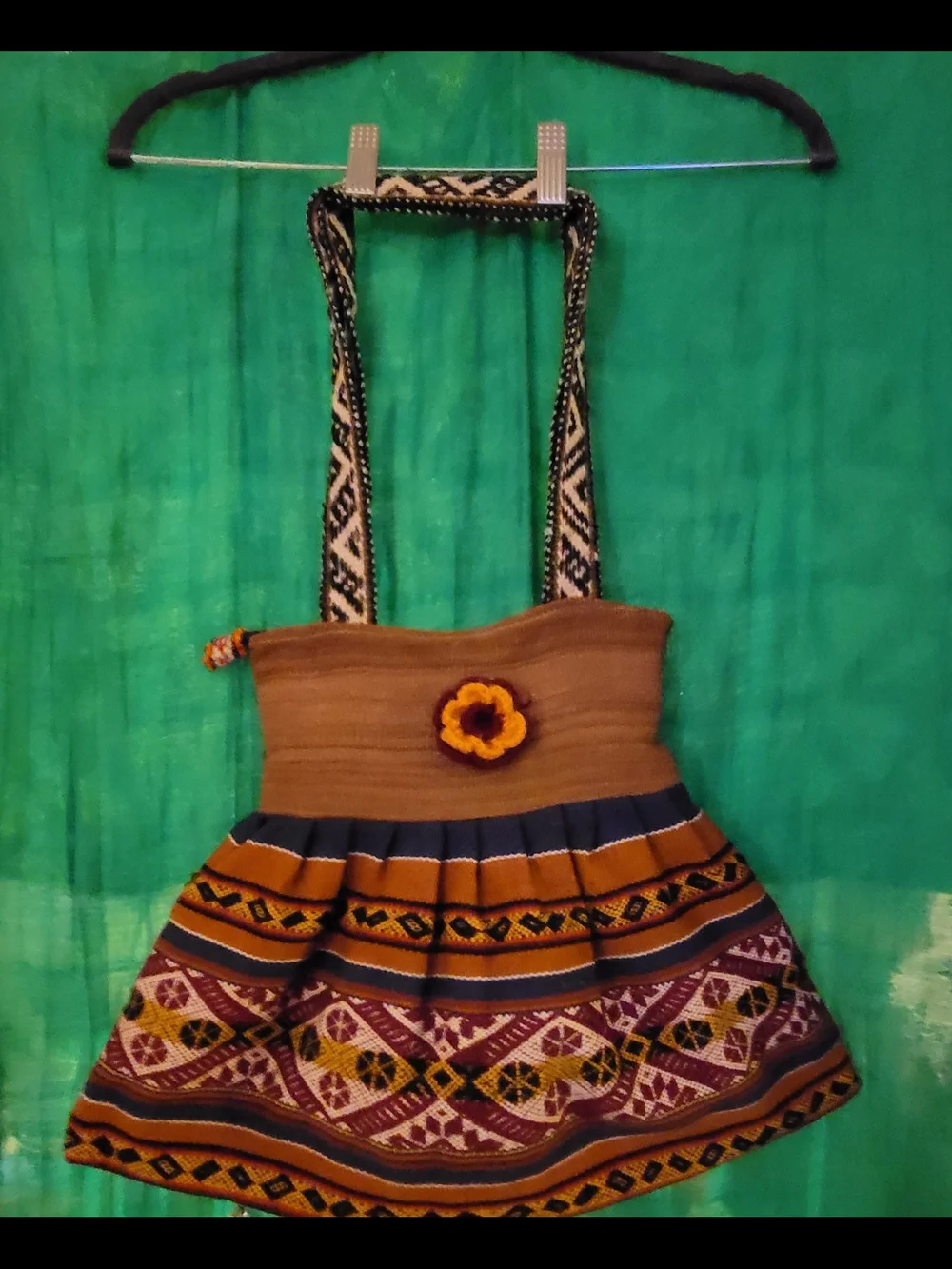 Handwoven Multicolor Boho Tote Bag with Flower Accent